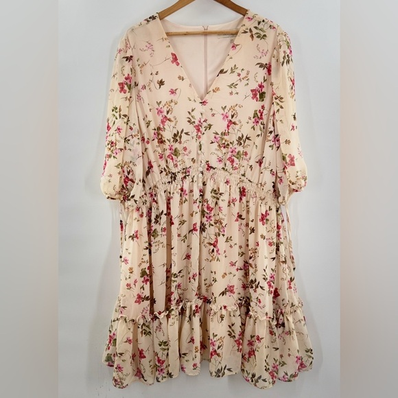Taylor Romantic Cottagecore Cream Floral Ruffled Tie Sleeve Mini Dress Size 20 - Picture 2 of 13